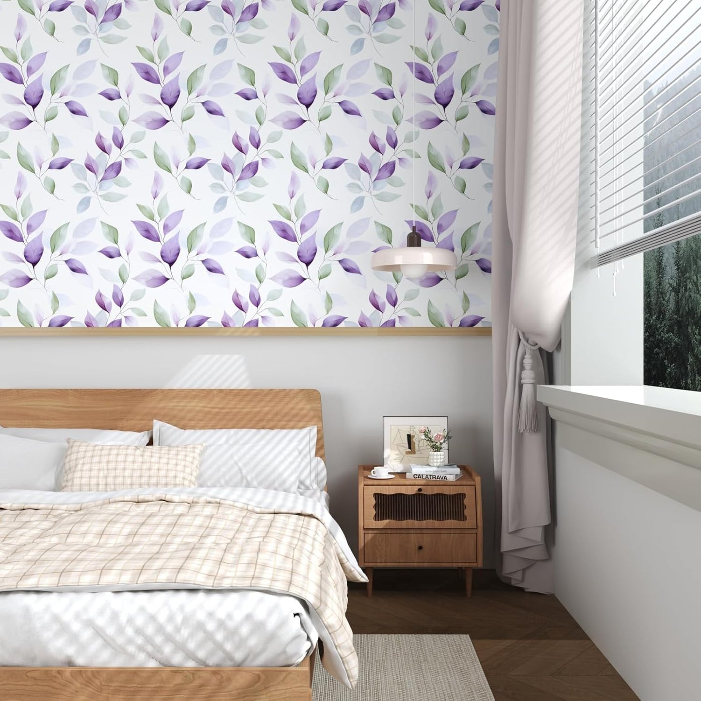 HENNOR - Boho Green Purple Leaf Peel and Stick Wallpaper