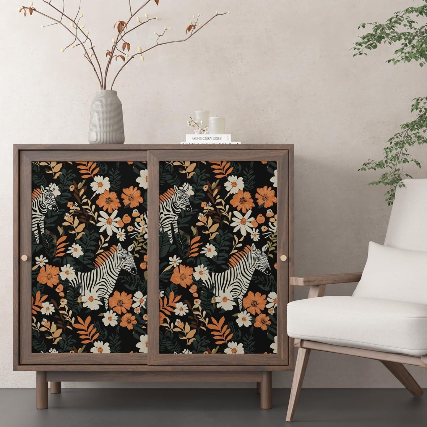 HENNOR - Boho Orange Black Peel and Stick Jungle Zebra Wallpaer