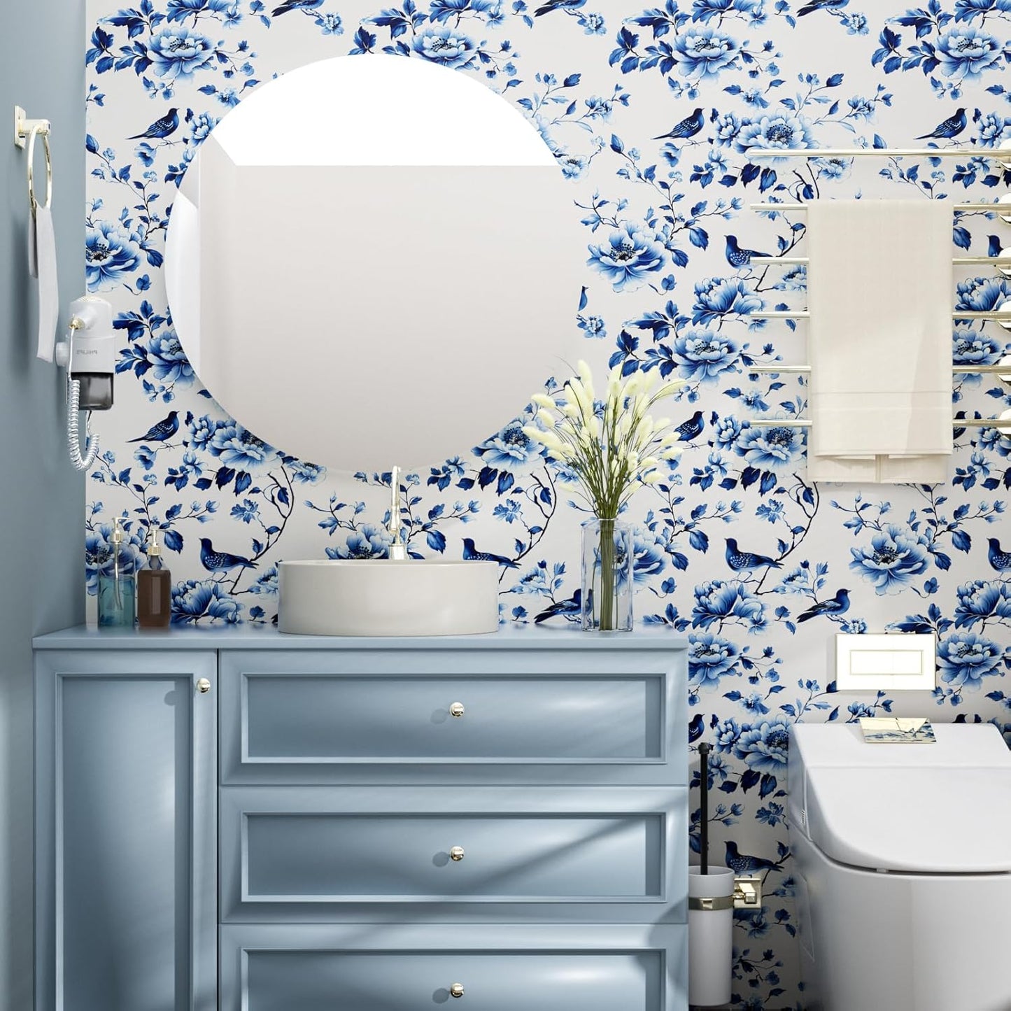 HENNOR - Vintage Blue Bird Floral Peel and Stick Wallpaper