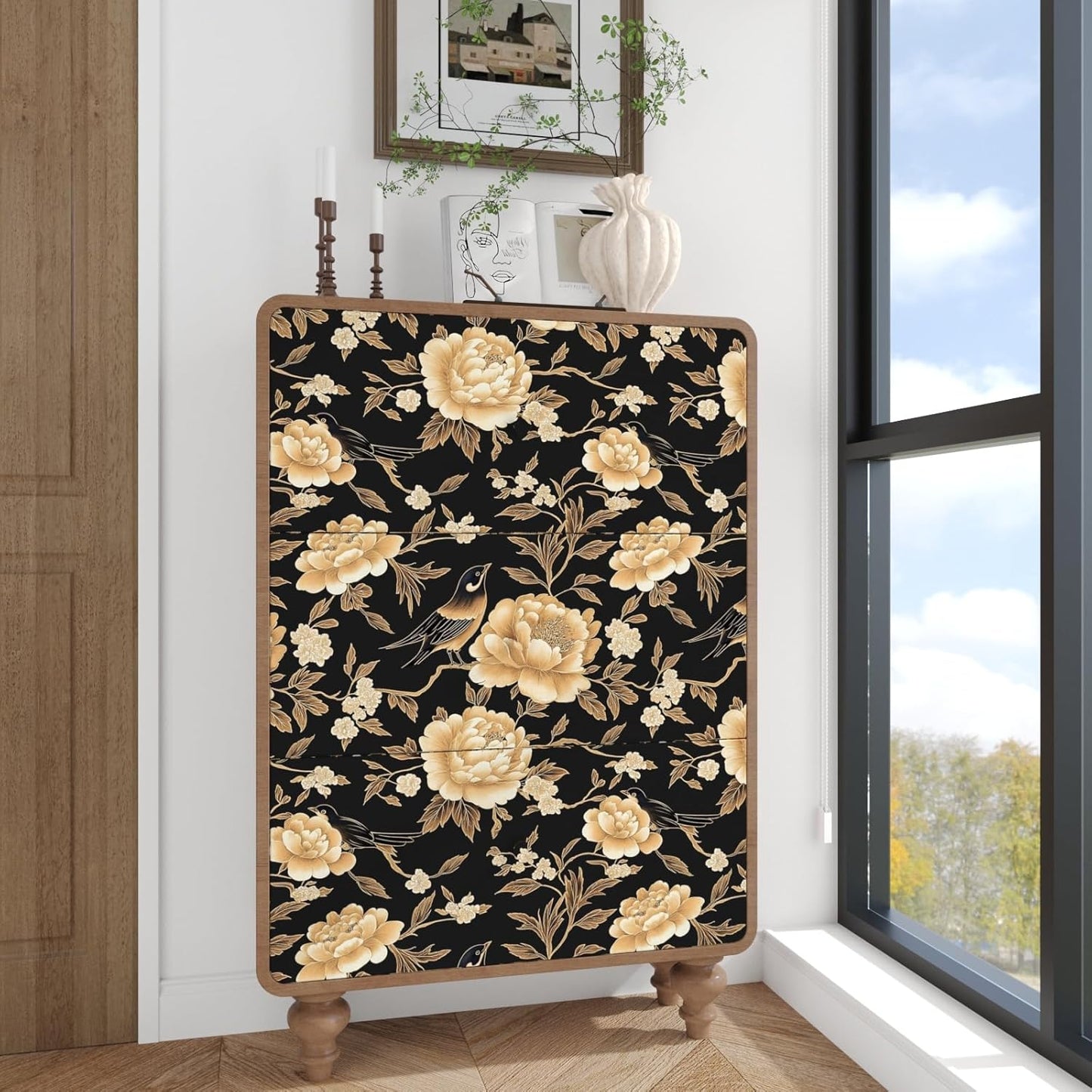 HENNOR - Vintage Floral Dark Gold Bird Self Adhesive Wallpaper