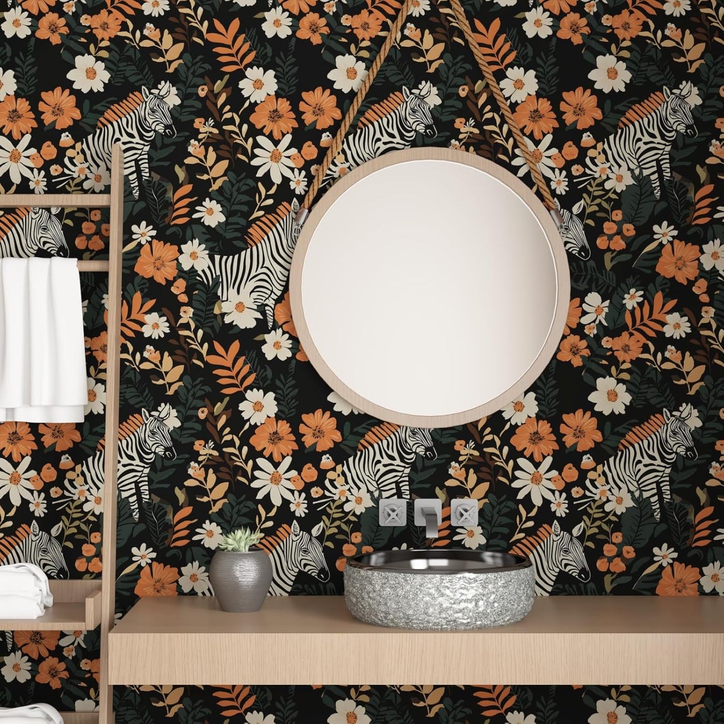 HENNOR - Boho Orange Black Peel and Stick Jungle Zebra Wallpaer