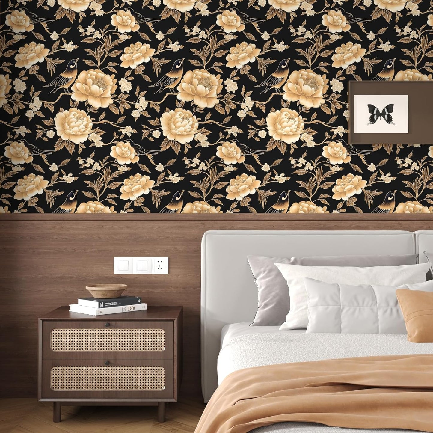 HENNOR - Vintage Floral Dark Gold Bird Self Adhesive Wallpaper