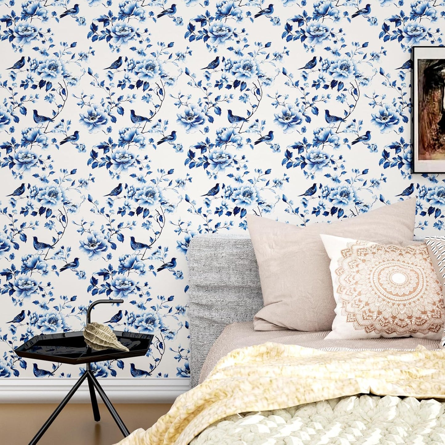 HENNOR - Vintage Blue Bird Floral Peel and Stick Wallpaper