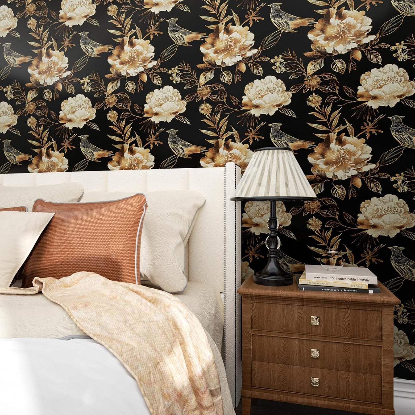 HENNOR - Vintage Floral Dark Gold Bird Self Adhesive Wallpaper