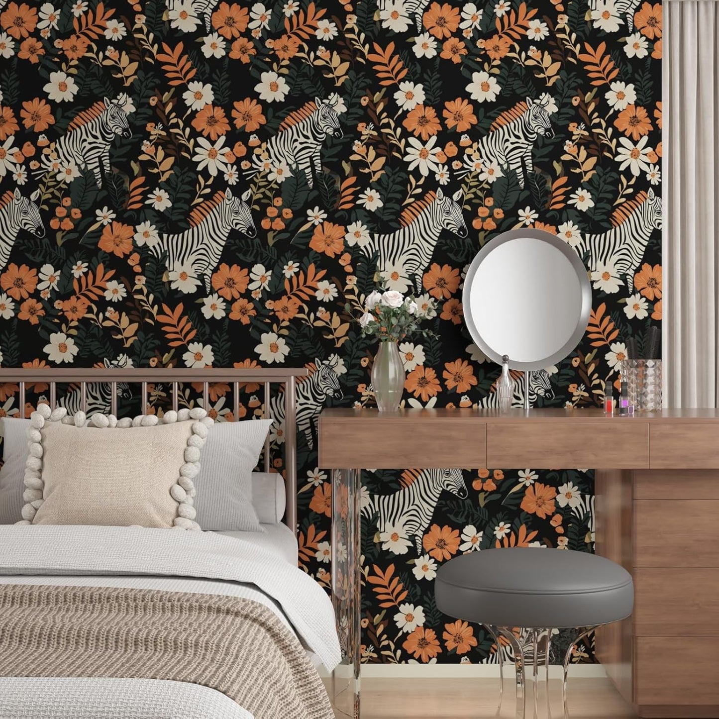 HENNOR - Boho Orange Black Peel and Stick Jungle Zebra Wallpaer