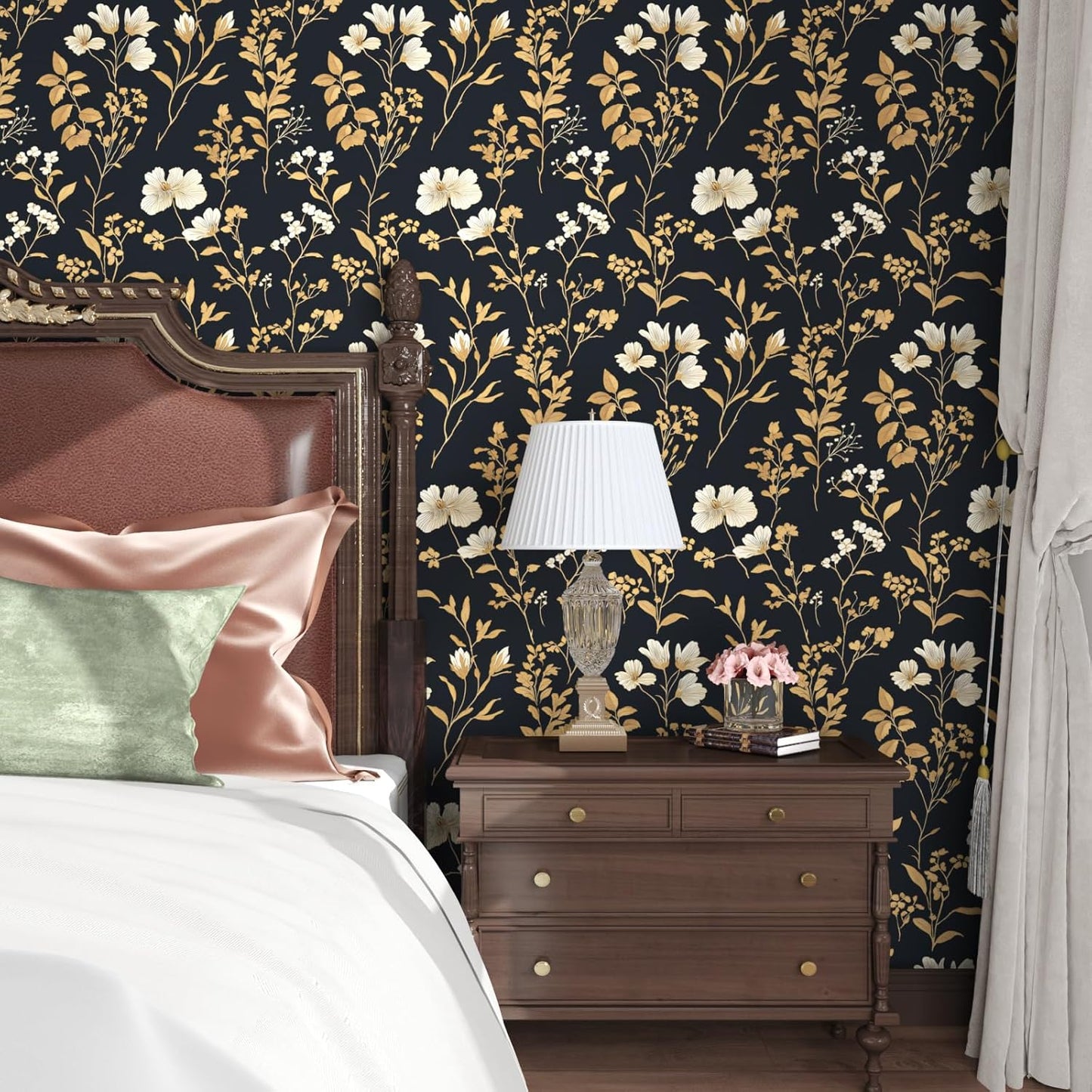 HENNOR - Vintage Black Gold Floral Peel and Stick Boho Wallpaper