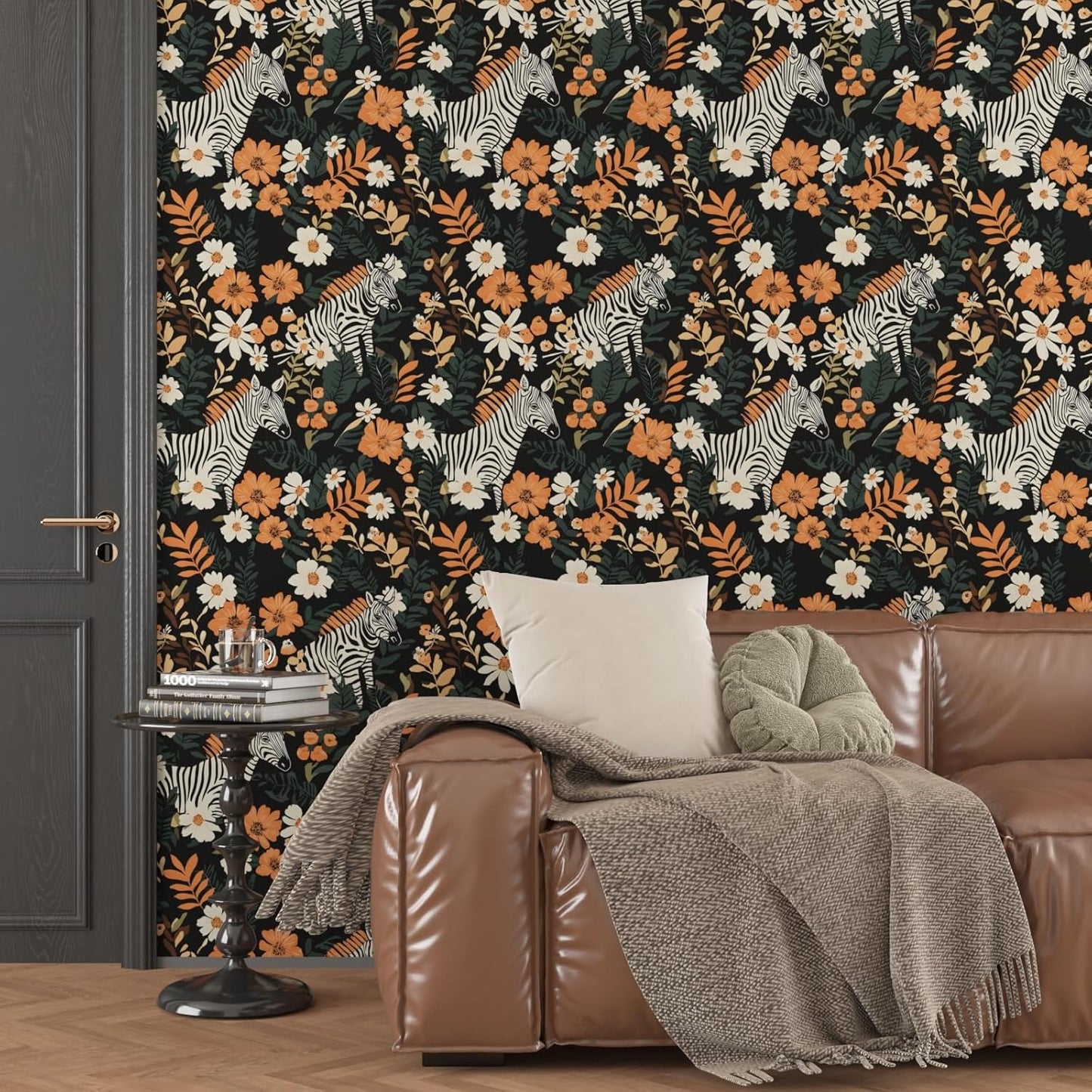 HENNOR - Boho Orange Black Peel and Stick Jungle Zebra Wallpaer