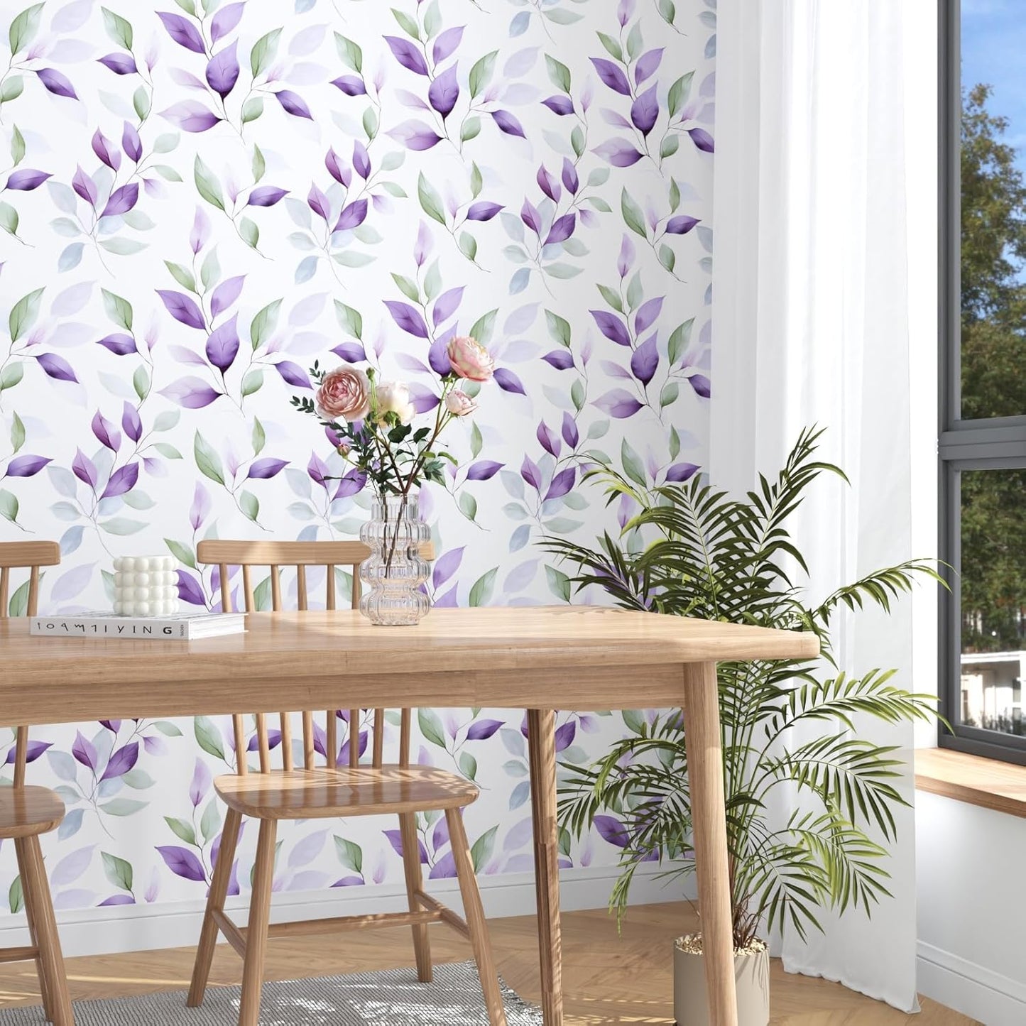 HENNOR - Boho Green Purple Leaf Peel and Stick Wallpaper