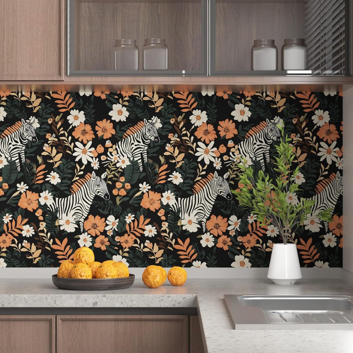 HENNOR - Boho Orange Black Peel and Stick Jungle Zebra Wallpaer