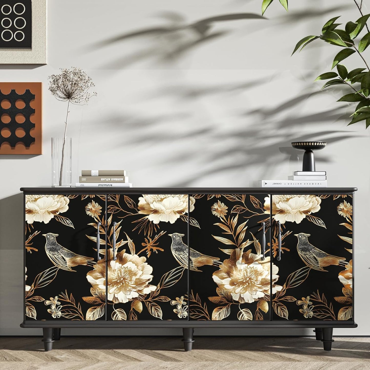 HENNOR - Vintage Floral Dark Gold Bird Self Adhesive Wallpaper