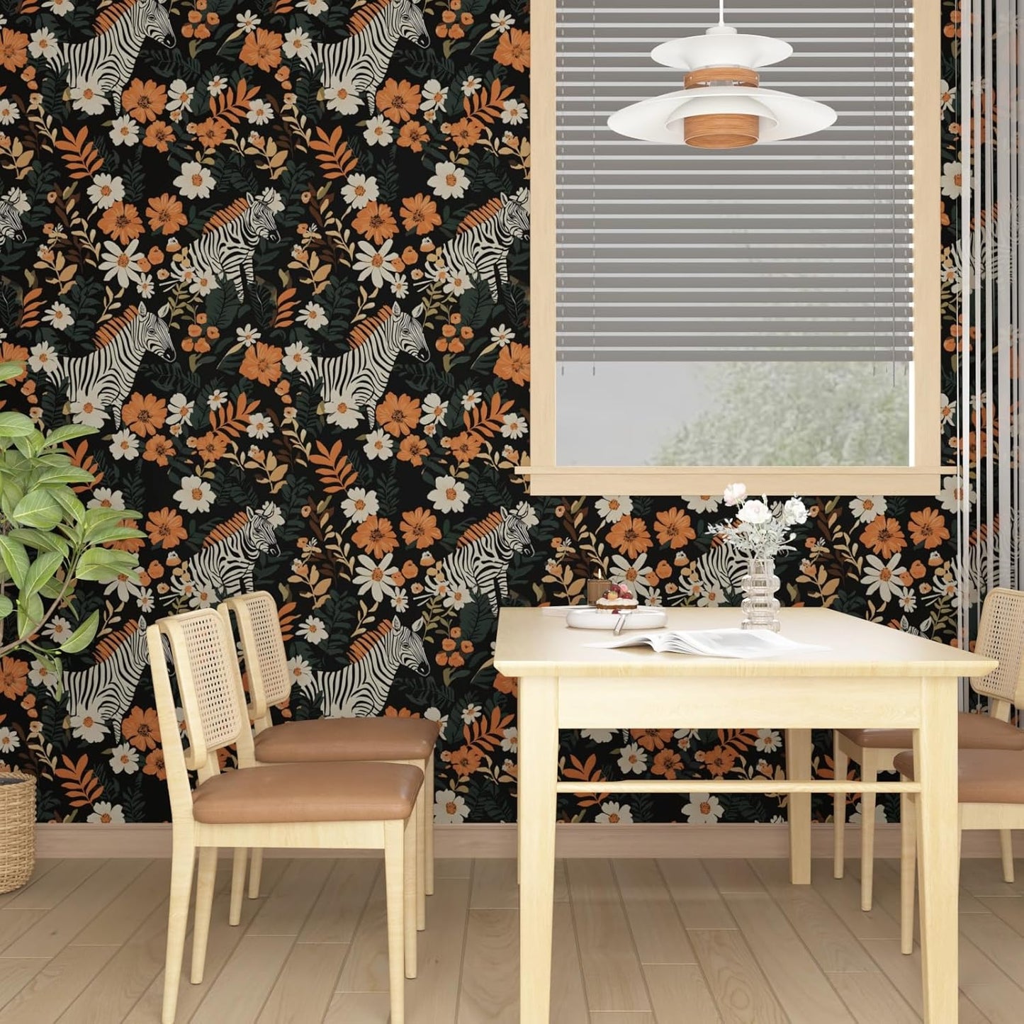 HENNOR - Boho Orange Black Peel and Stick Jungle Zebra Wallpaer