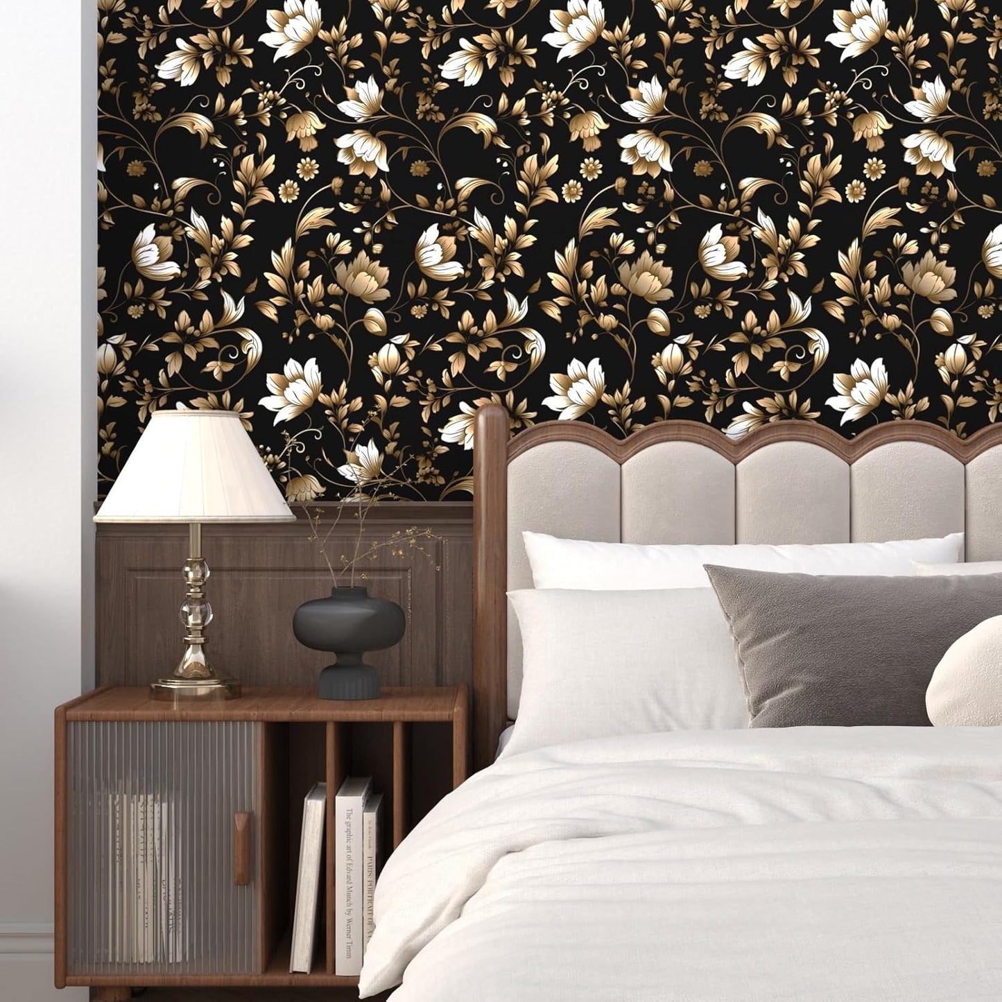 HENNOR - Vintage Black Gold Floral Peel and Stick Boho Wallpaper