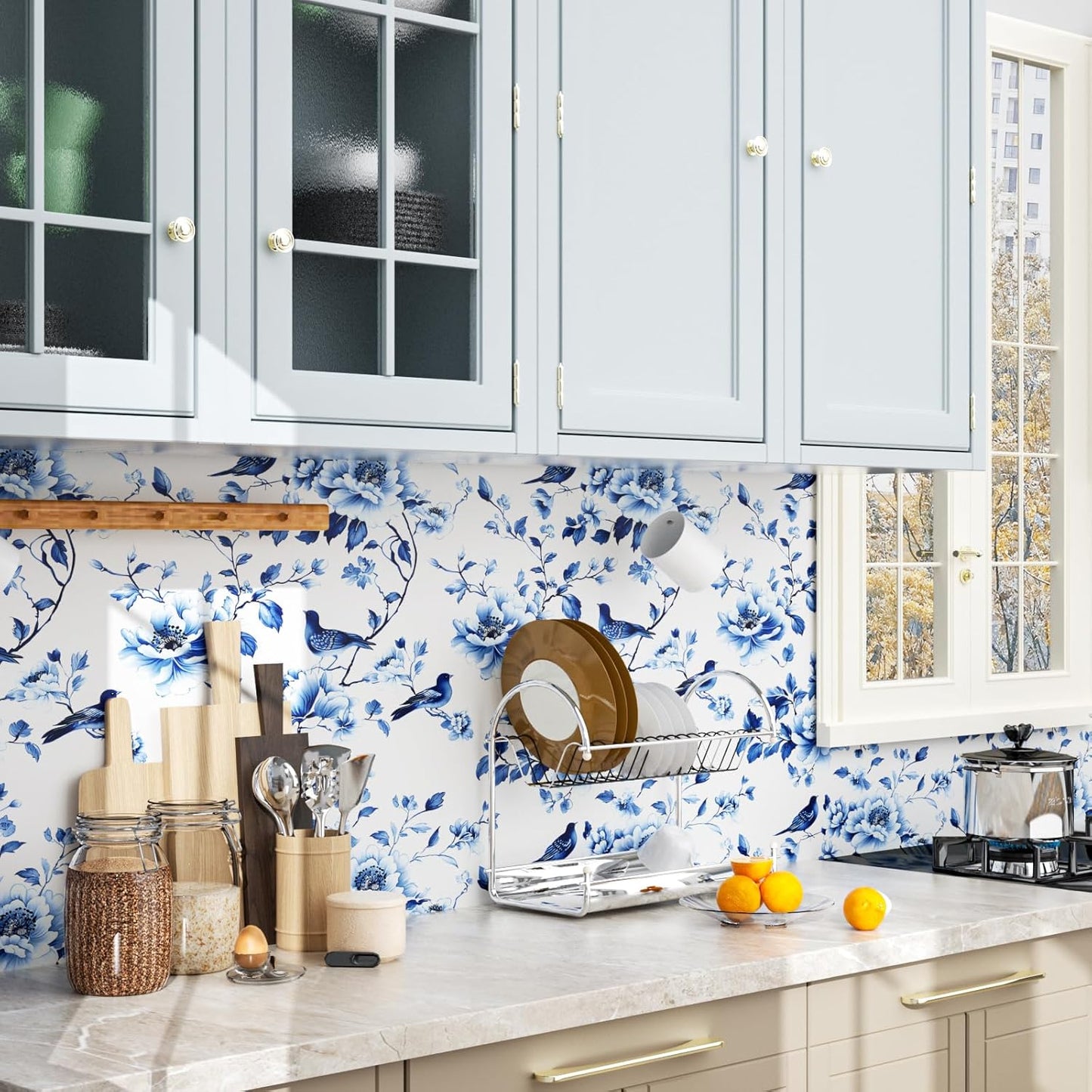HENNOR - Vintage Blue Bird Floral Peel and Stick Wallpaper