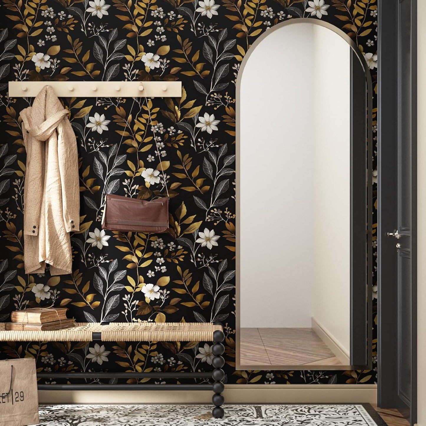 HENNOR - Black Gold Floral Peel and Stick Boho Leaf Wallpaper