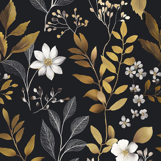 HENNOR - Black Gold Floral Peel and Stick Boho Leaf Wallpaper