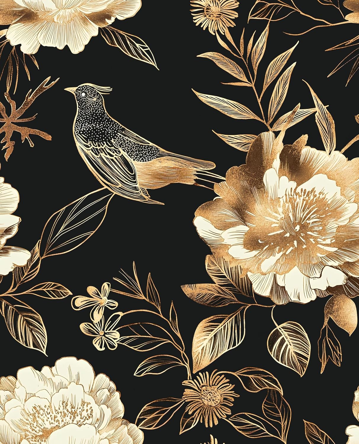HENNOR - Vintage Floral Dark Gold Bird Self Adhesive Wallpaper