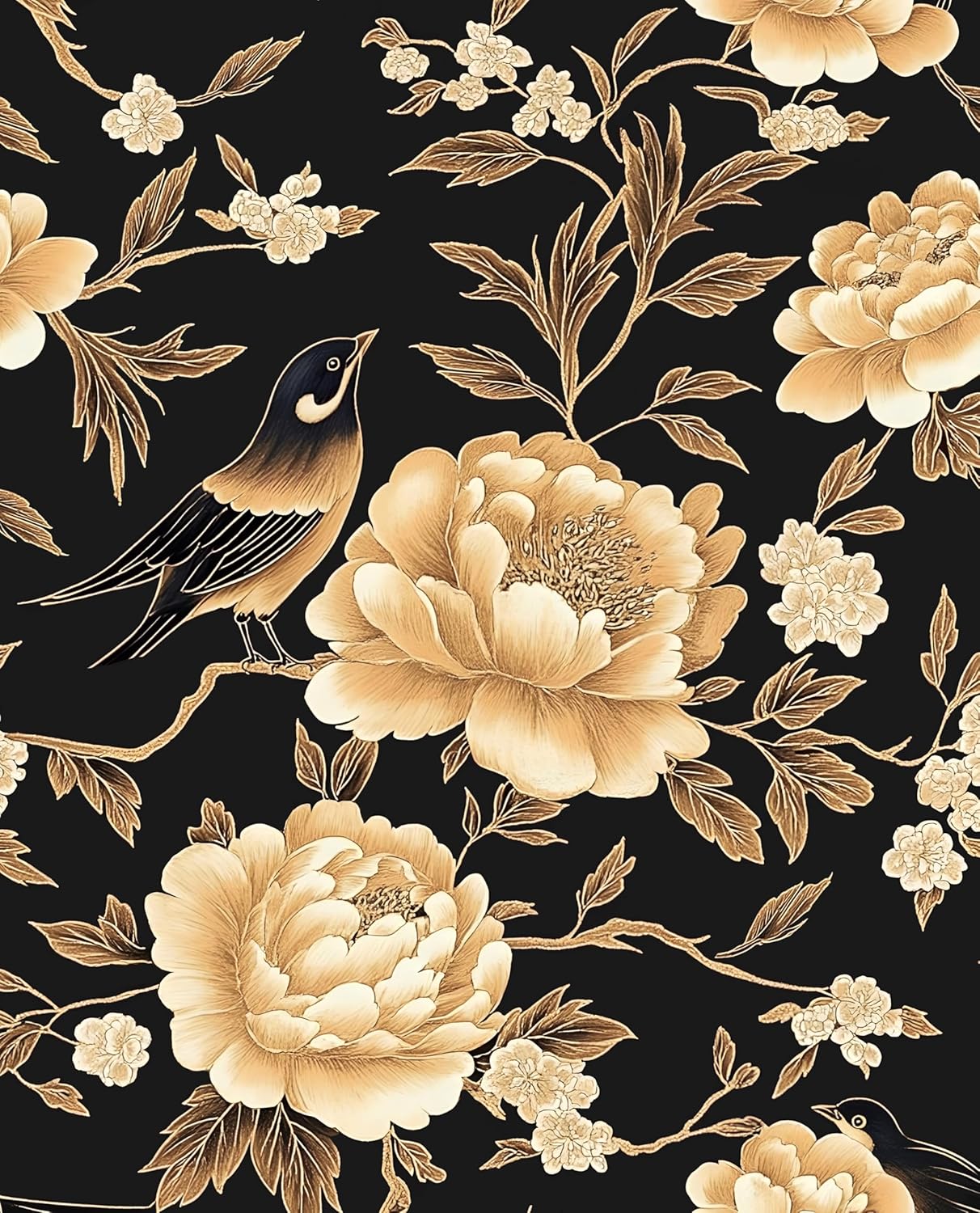 HENNOR - Vintage Floral Dark Gold Bird Self Adhesive Wallpaper
