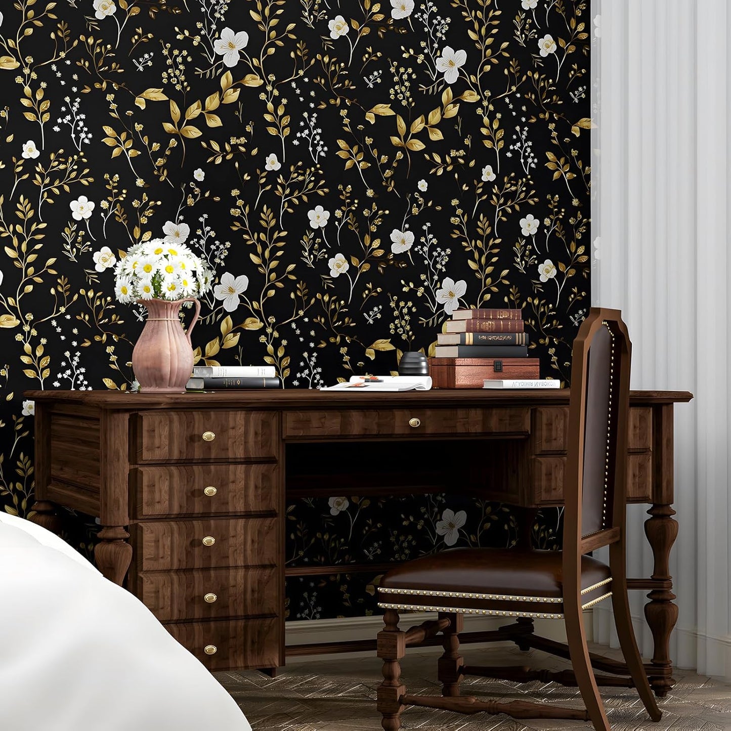 HENNOR - Black Floral Peel and Stick Boho Wallpaper