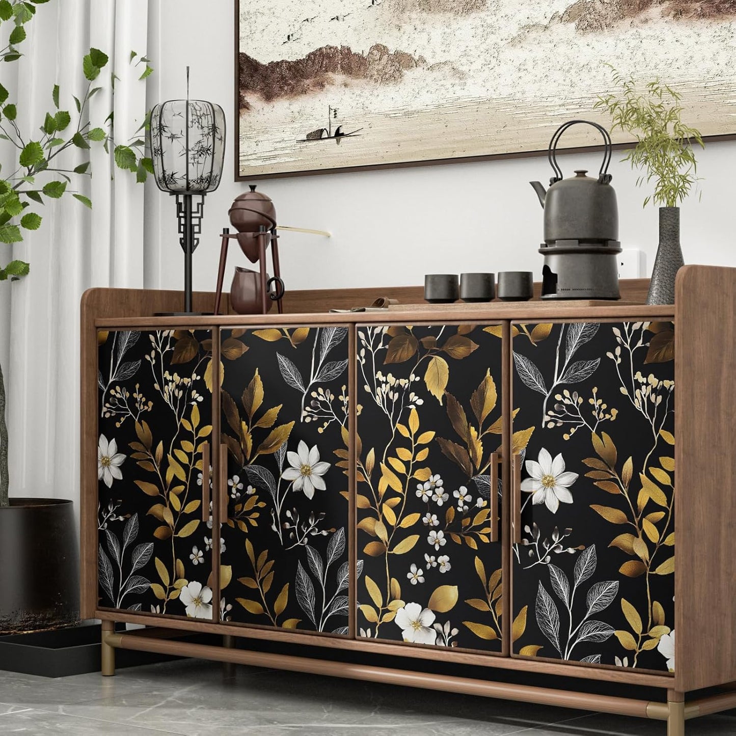 HENNOR - Black Gold Floral Peel and Stick Boho Leaf Wallpaper