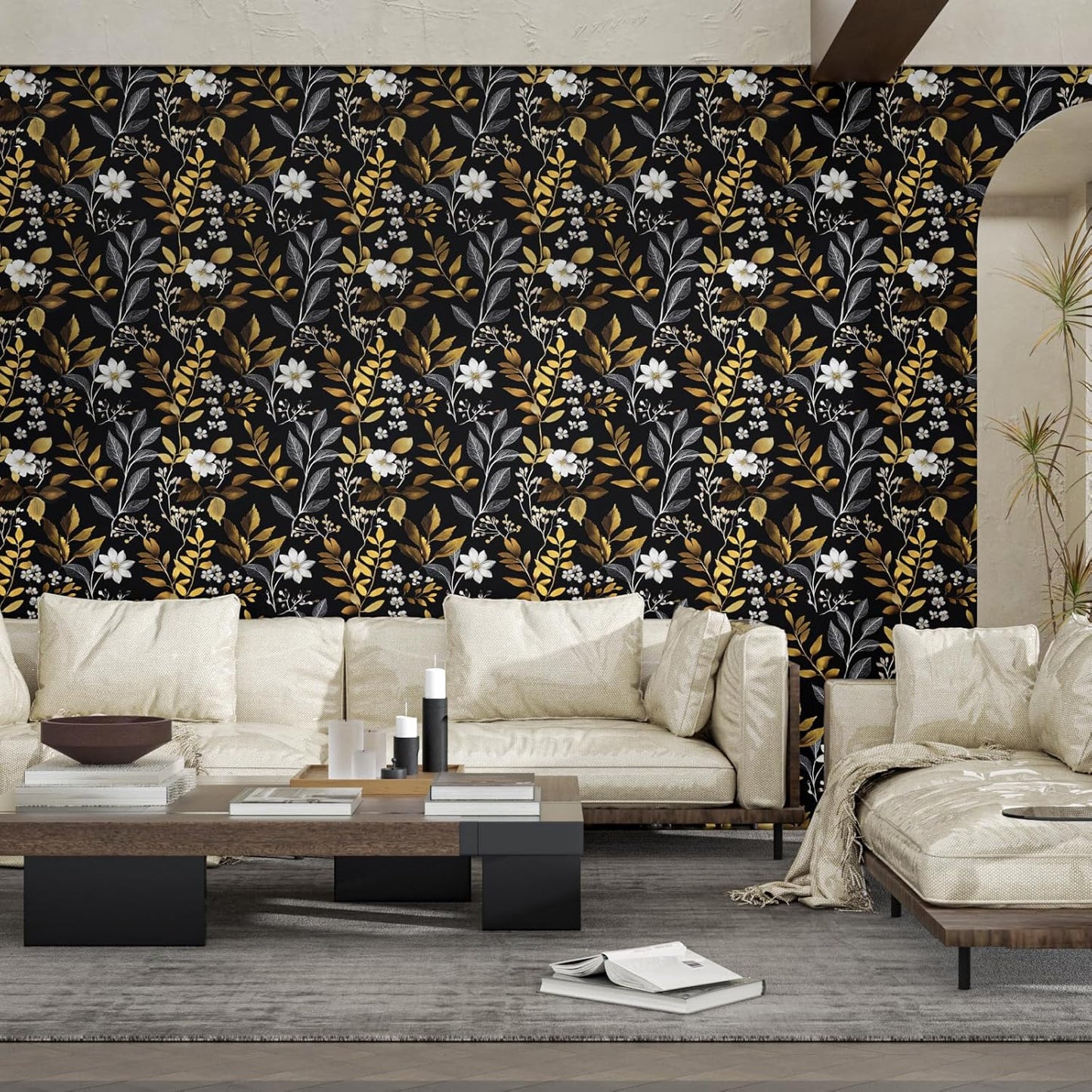 HENNOR - Black Gold Floral Peel and Stick Boho Leaf Wallpaper