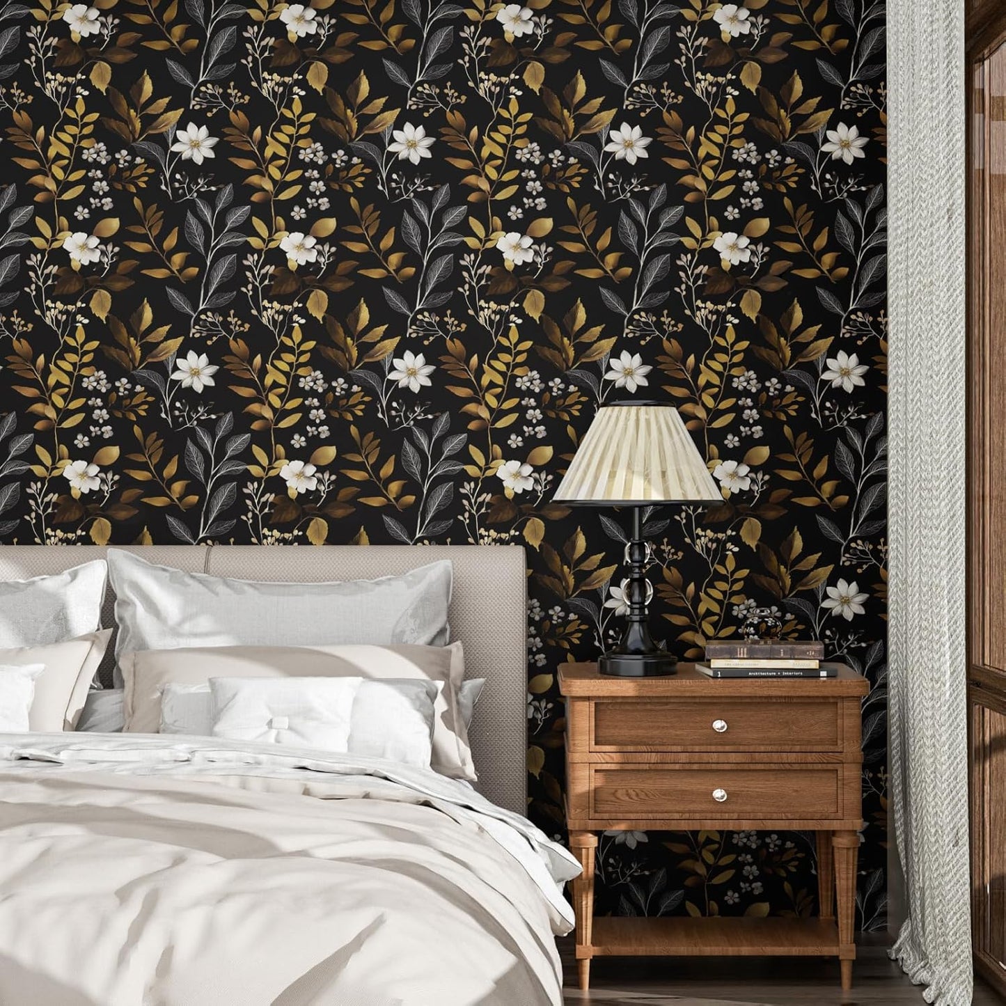 HENNOR - Black Gold Floral Peel and Stick Boho Leaf Wallpaper