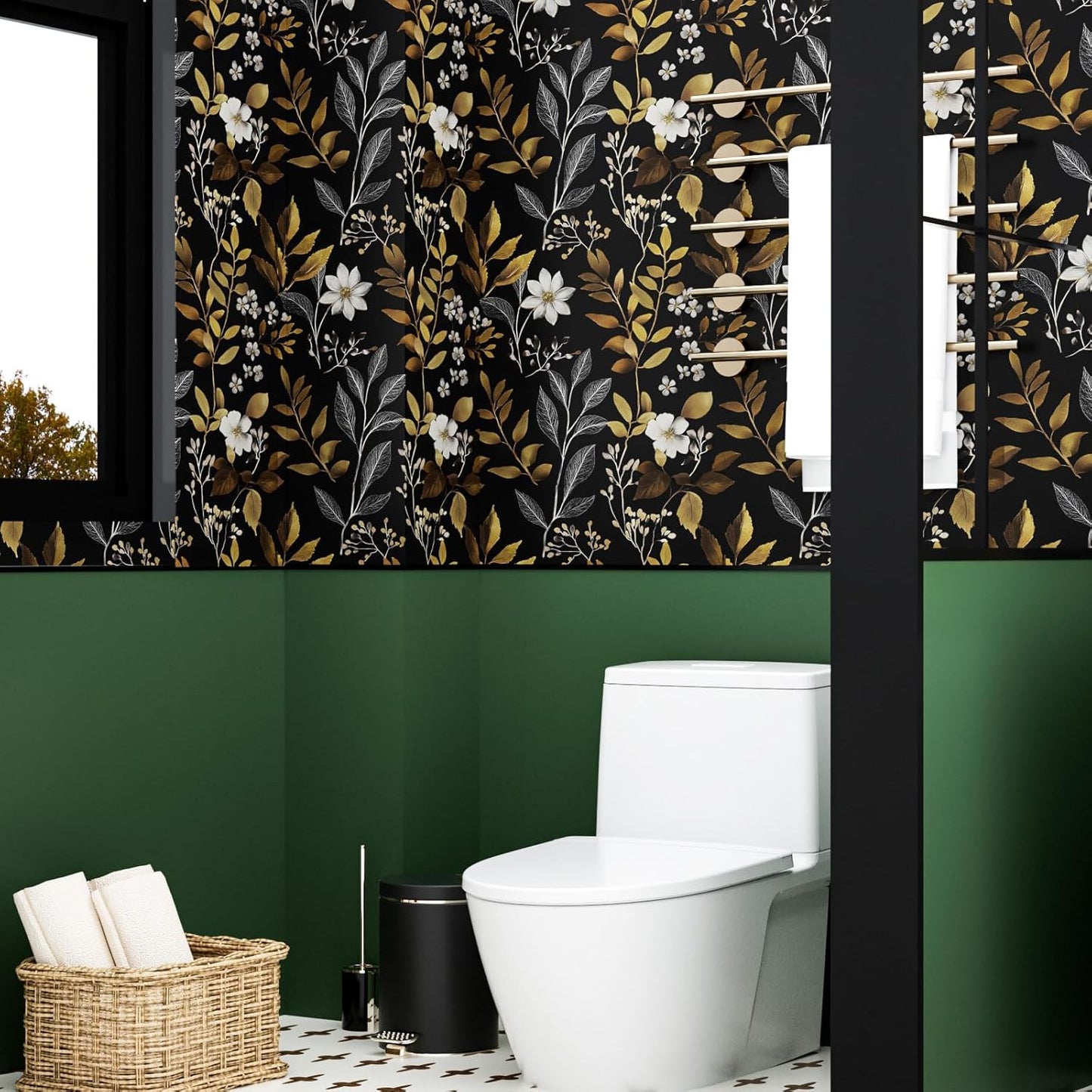 HENNOR - Black Gold Floral Peel and Stick Boho Leaf Wallpaper