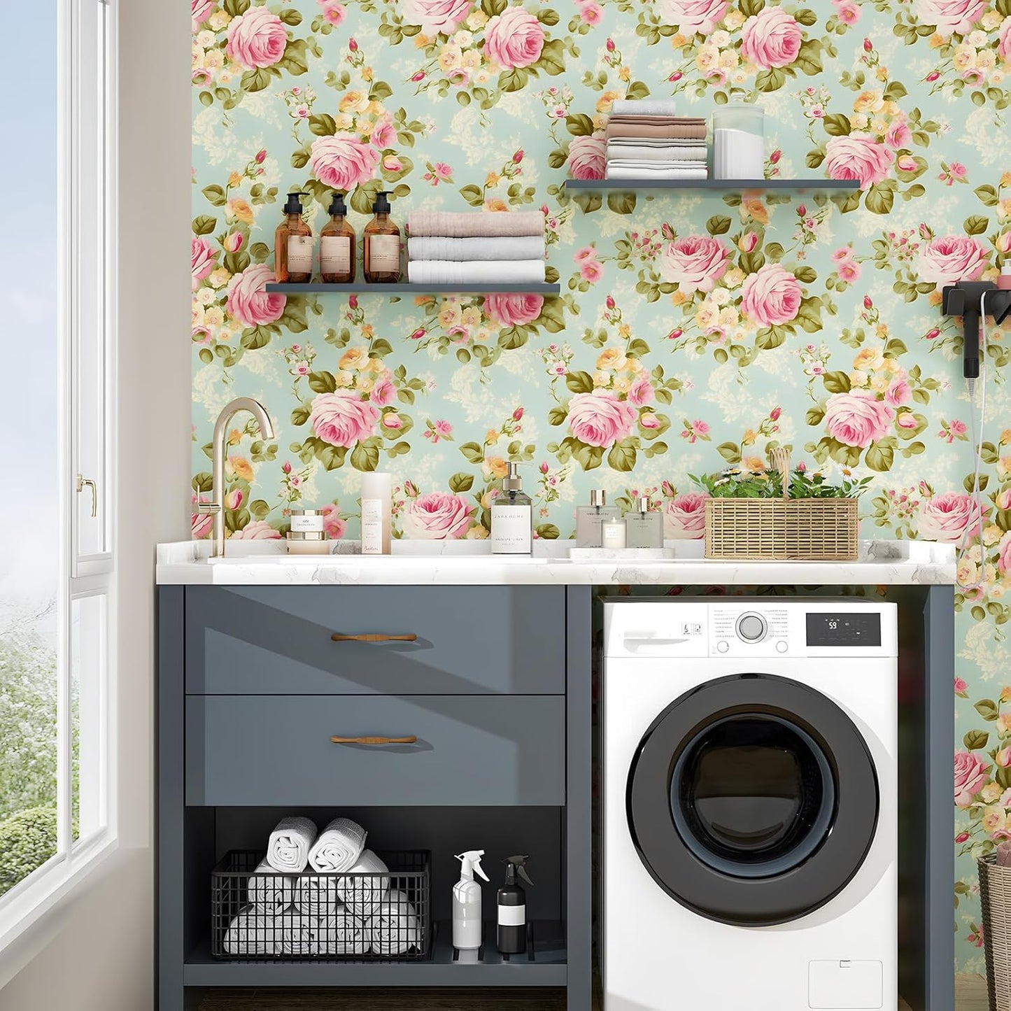 HENNOR - Modern Blue Backgroud Self Adhesive Floral Wallpaper