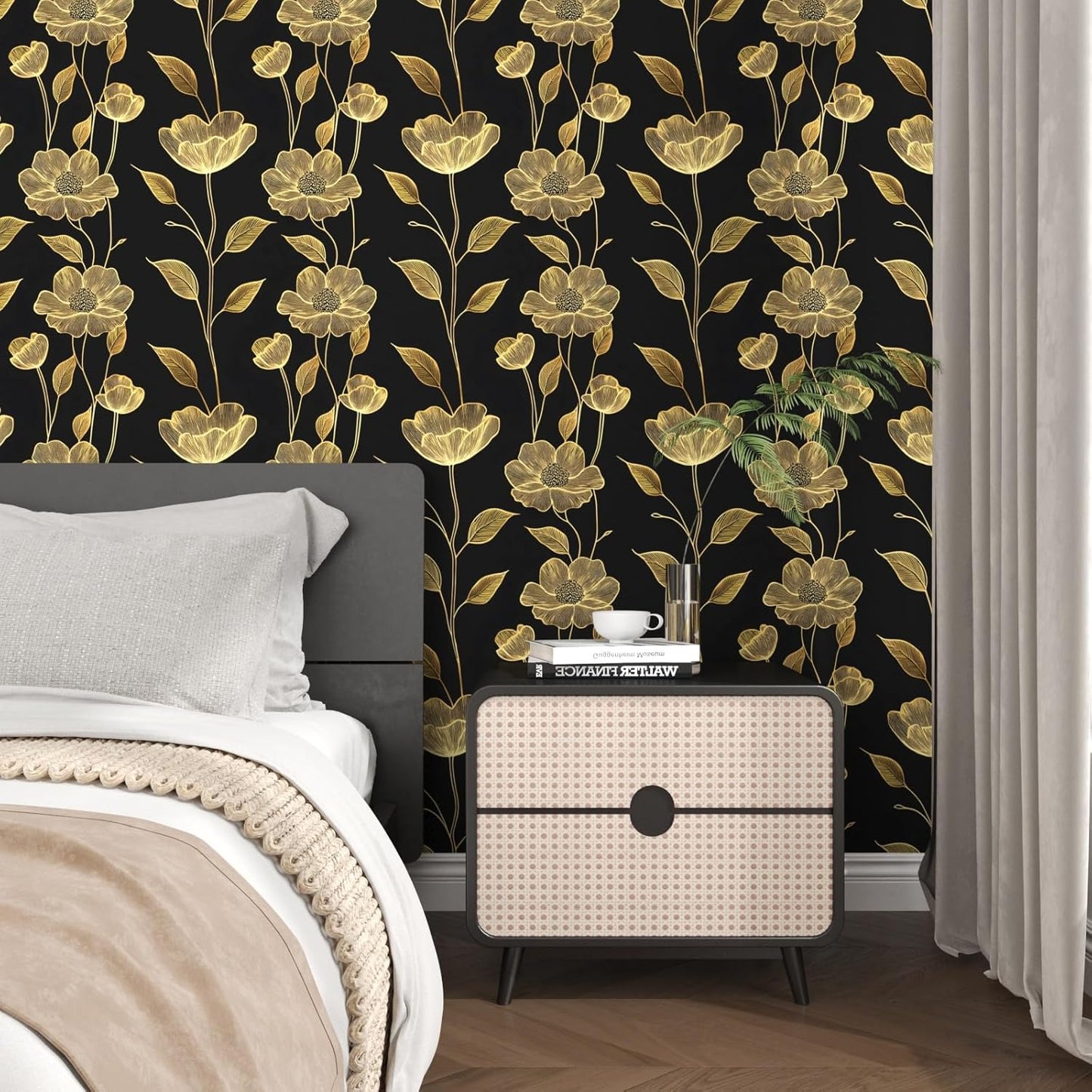 HENNOR - Black Floral Peel and Stick Boho Wallpaper