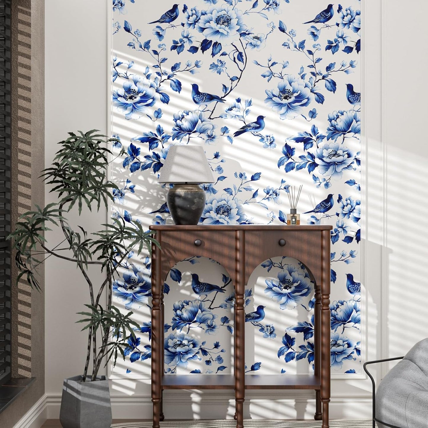 HENNOR - Vintage Blue Bird Floral Peel and Stick Wallpaper