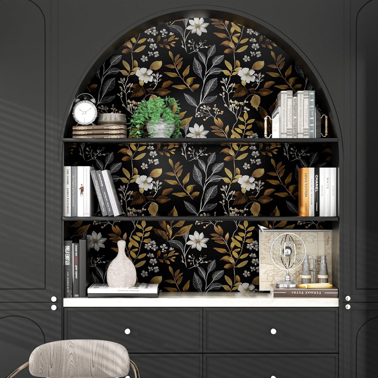 HENNOR - Black Gold Floral Peel and Stick Boho Leaf Wallpaper